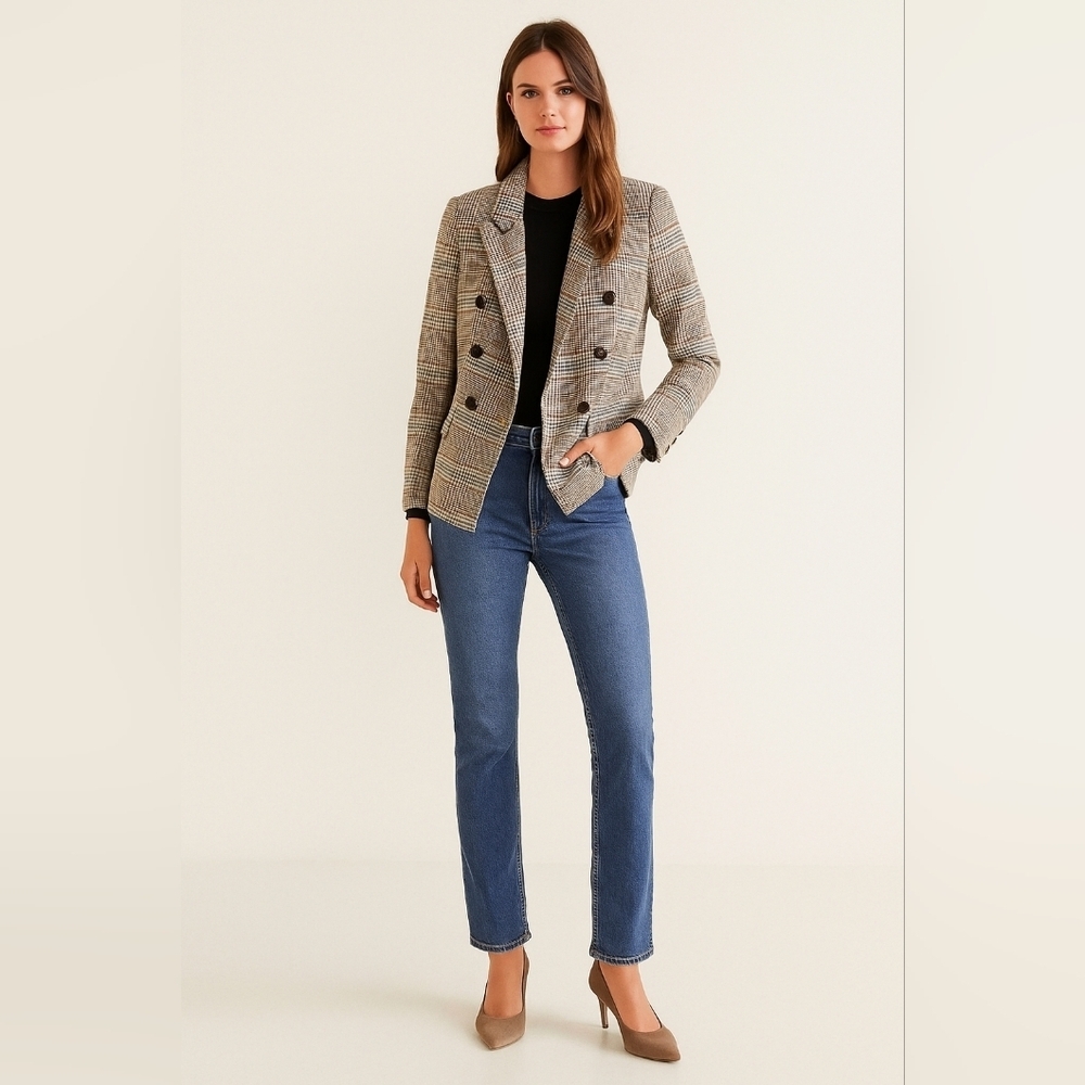 Women's Listicle S Plaid Double-Breasted Blazer Beige Brown Black, Size S